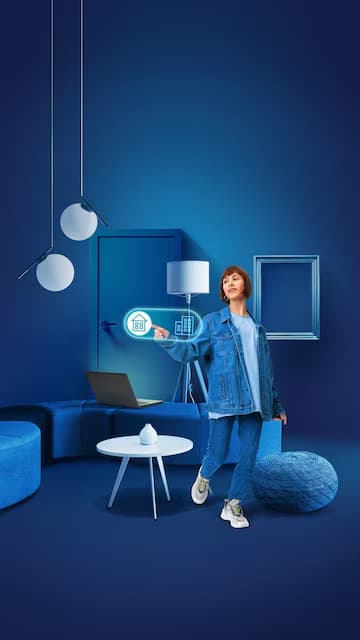 Person in a bright blue living room