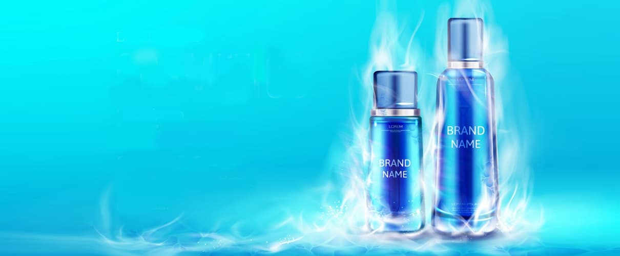 Two skincare serum bottles surrounded by cool mist